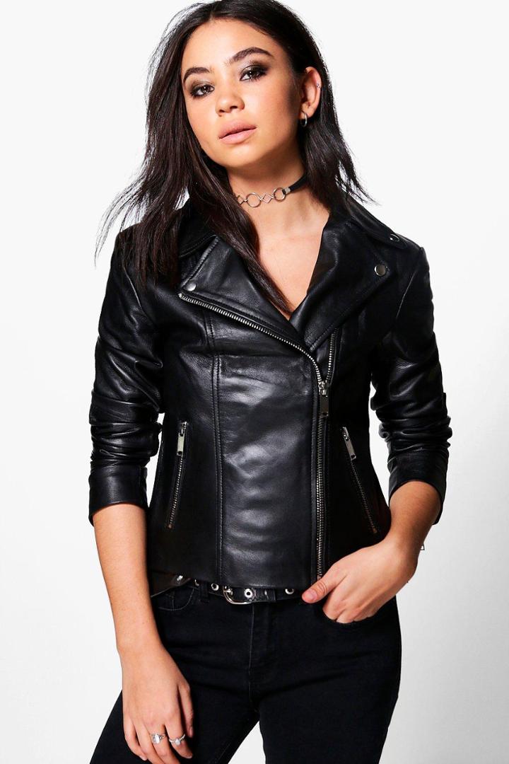 Boohoo Georgia Real Leather Biker Jacket Black
