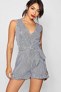 Boohoo Gracie Gingham Ruffle Hem Tie Belt Playsuit