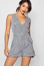 Boohoo Gracie Gingham Ruffle Hem Tie Belt Playsuit