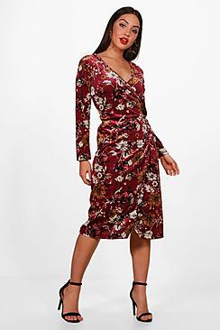 Boohoo Floral Velvet Wrap Midi Dress