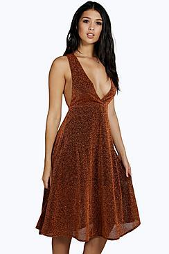 Boohoo Charline Metallic Plunge Neck Skater Dress