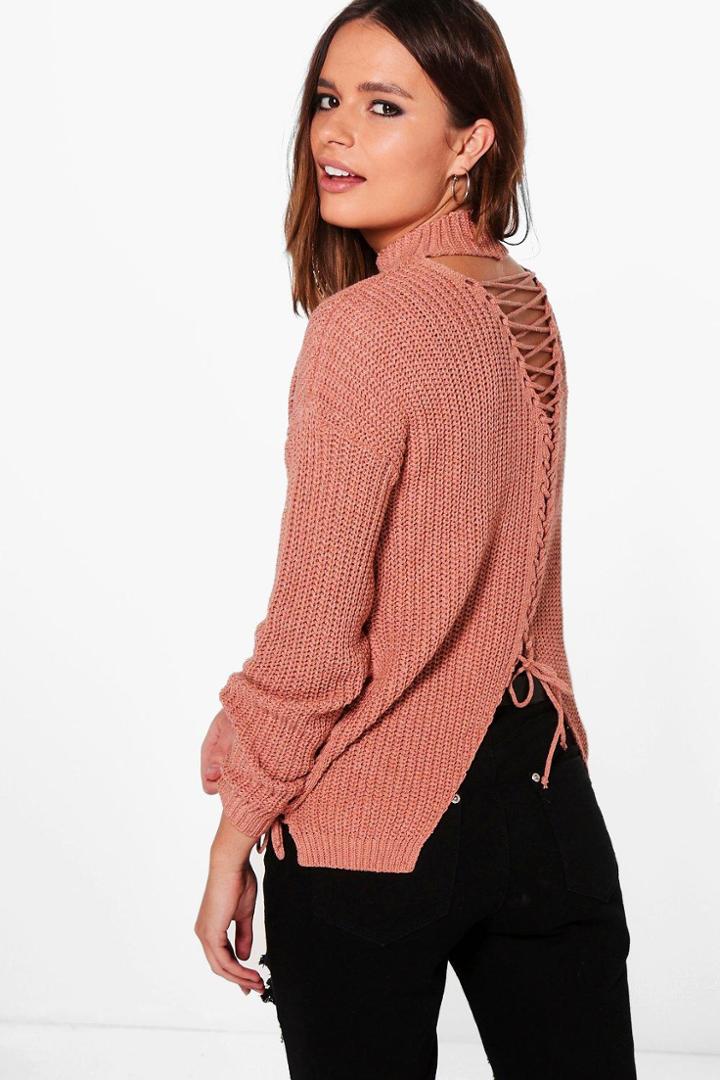 Boohoo Darcy Extreme Lace Up Detail Choker Jumper Copper