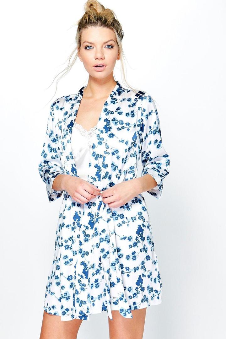 Boohoo Natalie China Floral Satin Kimono Robe Blue