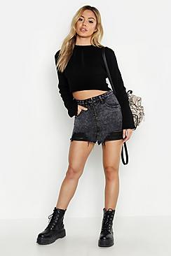 Boohoo Petite Zip Front Distressed Denim Mini Skirt