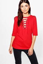 Boohoo Fiona 1/2 Lace Up Front And Shoulder Tee