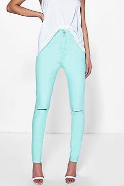 Boohoo Lara Stretch High Waist Knee Rip Jeans