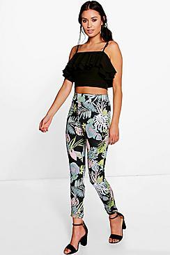 Boohoo Bea Palm Print Skinny Scuba Trousers