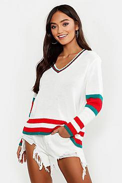 Boohoo Petite Stripe Sleeve V Neck Oversized Jumper