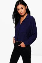 Boohoo Gemma Oversized Crop Viscose Shirt Navy