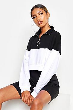 Boohoo Cropped Colour Block Half Zip Sweatshirt