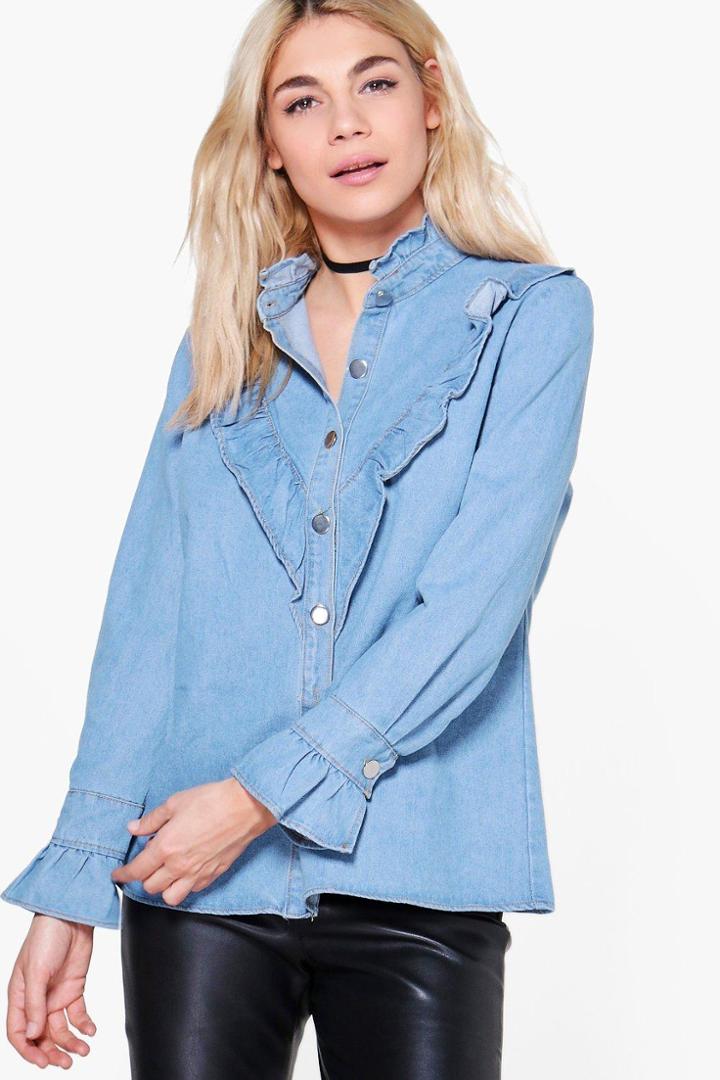 Boohoo Emily Frill Detail Denim Shirt Blue