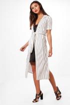 Boohoo Petite Emily Stripe Belted Duster Jacket White