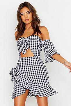Boohoo Knot Front Gingham Ruffle Hem Mini Dress