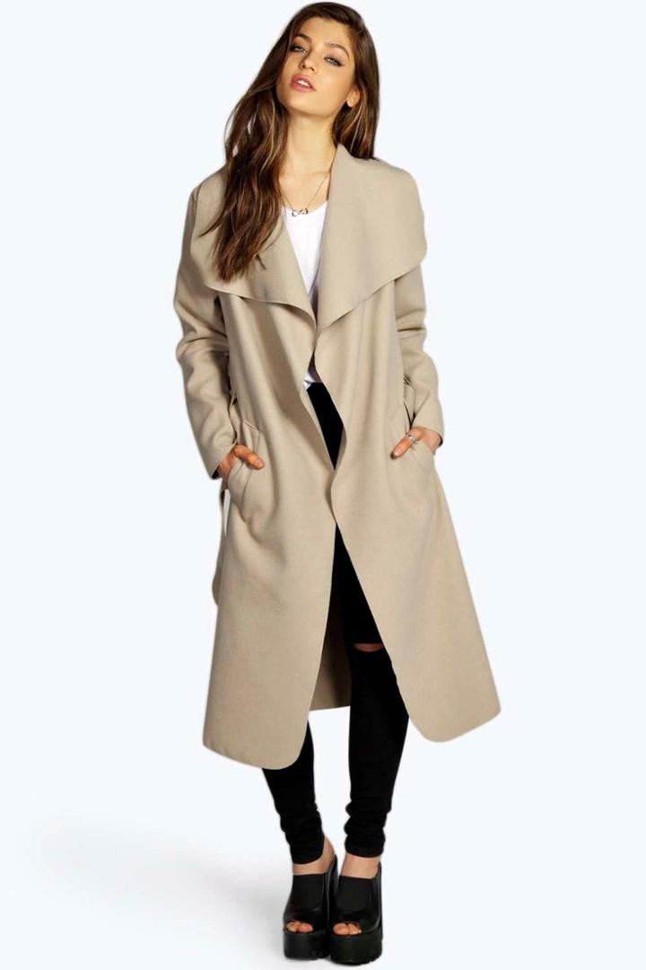 Boohoo Kate Belted Shawl Collar Coat Stone