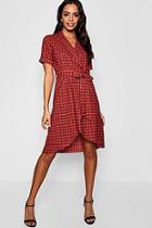 Boohoo Tartan Print Belted Wrap Midi Dress