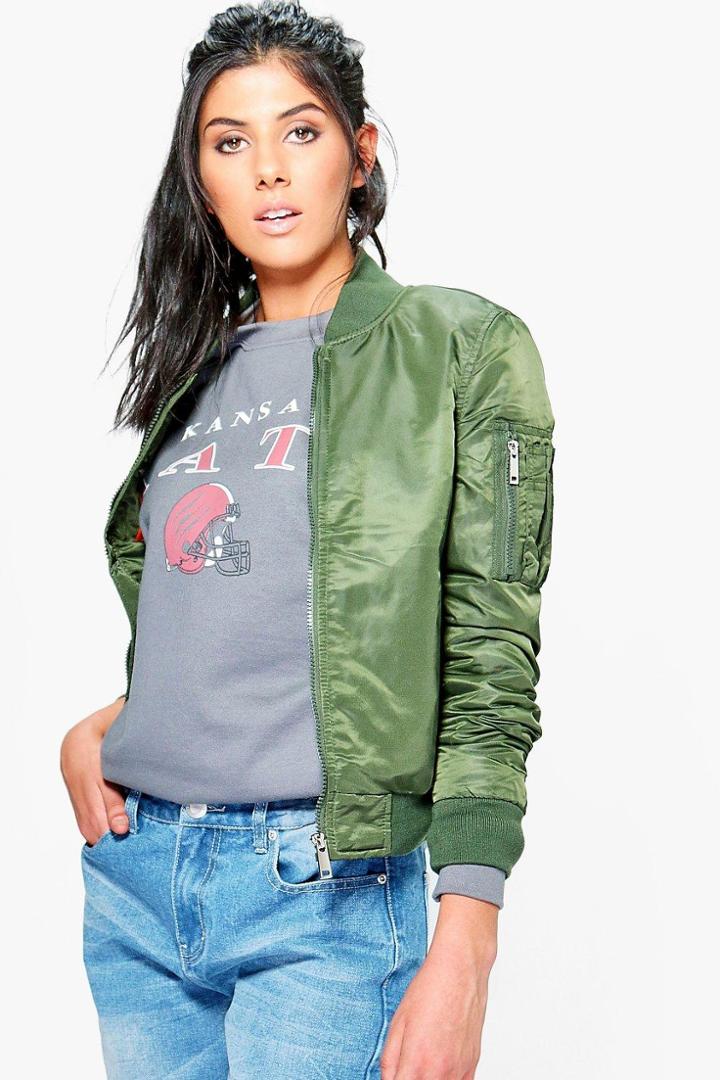 Boohoo Zoe Contrast Lining Bomber Jacket Khaki