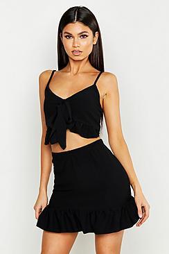Boohoo Waffle Fabric Tie Front Top & Mini Skirt
