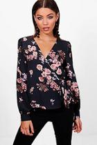 Boohoo Annie Floral Print Wrap Over Tie Blouse