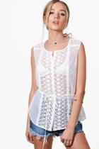Boohoo Alice Button Through Crochet Trim Shirt White