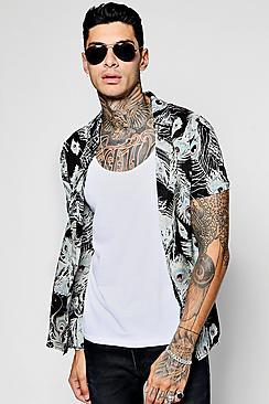 Boohoo Black Feather Print Short Sleeve Collar Shirt