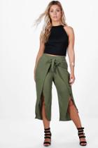 Boohoo Plus Maya Tie Waist Split Culotte Trouser Khaki