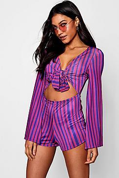 Boohoo Stripe Tie Front Playsuit