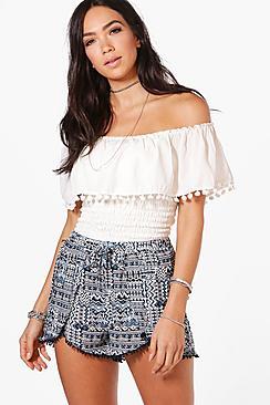 Boohoo Emily Aztec Print Crochet Trim Runner Shorts