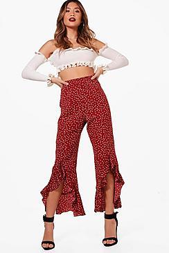 Boohoo Evie Woven Polka Dot Ruffle & Split Trouser
