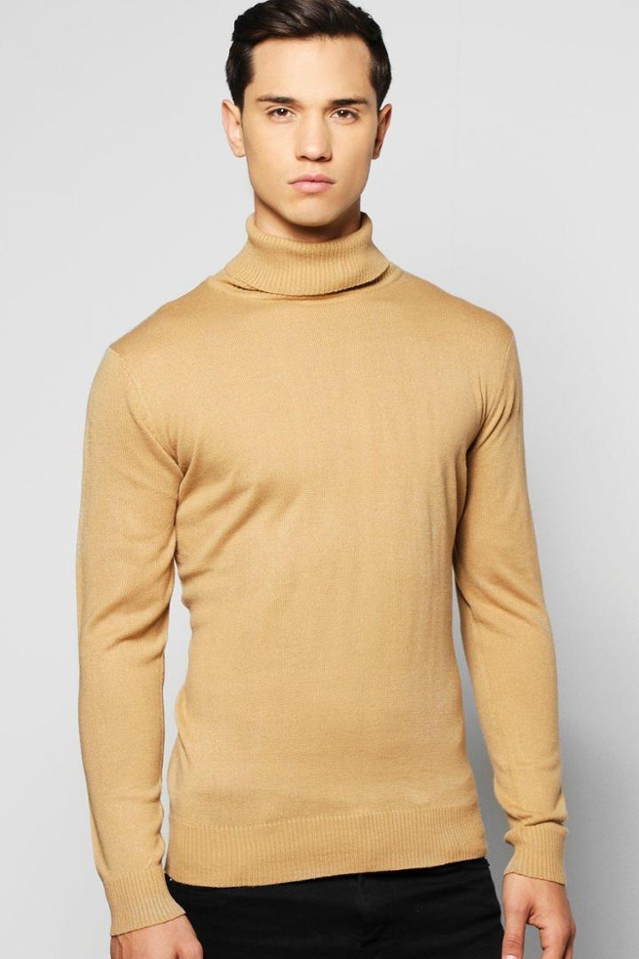 Boohoo Fine Gauge Knitted Roll Neck Jumper Camel