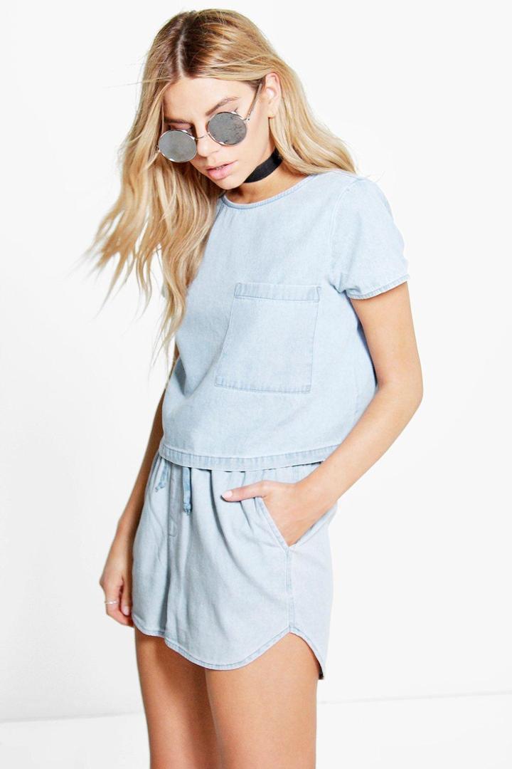 Boohoo Lily Denim Crop Top Blue