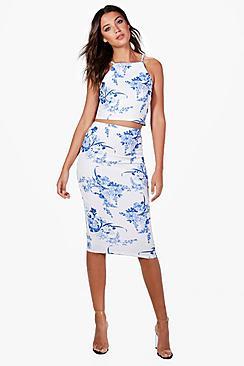Boohoo Tall Eva Porcelain Print Top & Midi Skirt Co-ord