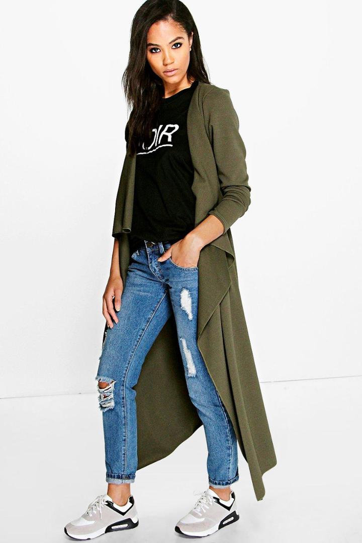Boohoo Amanda Waterfall Longline Duster Khaki