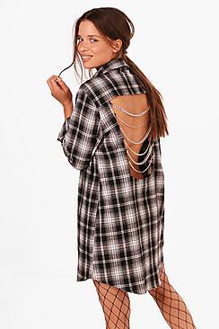 Boohoo Checked Chain Back Shirt Dress