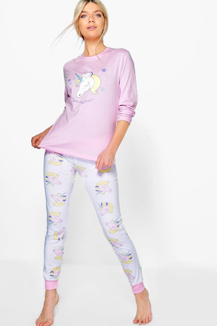 Boohoo Unicorn Long Sleeve Jogger Set Pink