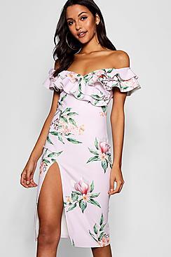 Boohoo Freya Bardot Frill Detail Floral Midi Dress