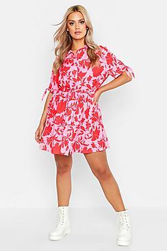 Boohoo Plus Floral Woven Tie Waist Shirt Dress