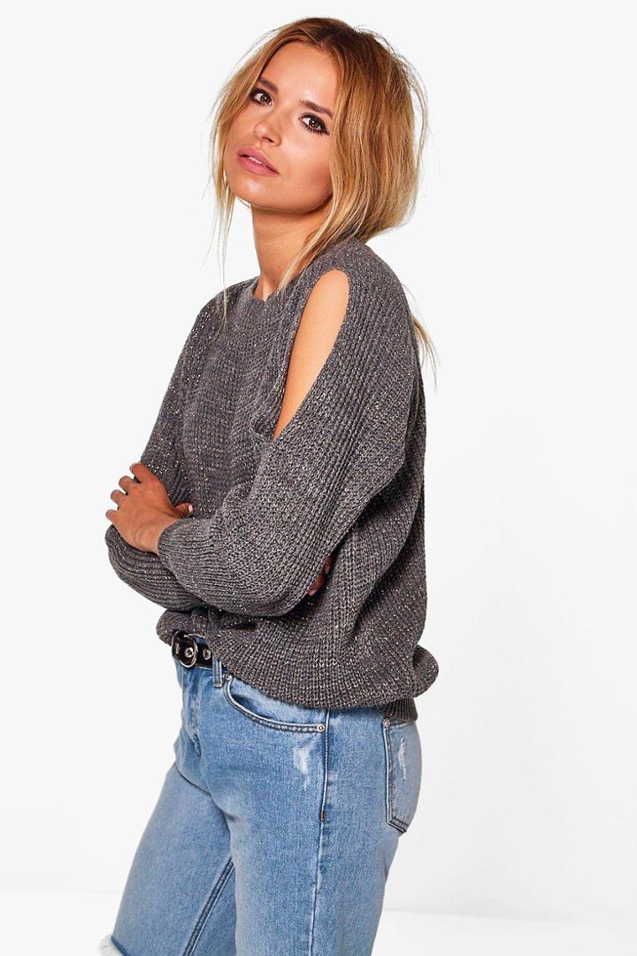 Boohoo Caitlin Cold Shoulder Jumper Grey