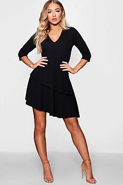 Boohoo Avril V Neck Triple Frill Rouched Shift Dress