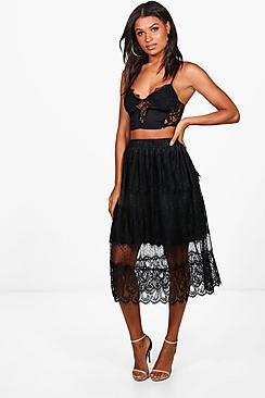 Boohoo Nola Mixed Lace Panel Skater Skirt