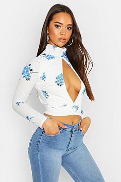 Boohoo Woven Ditsy Floral Plunge Open Back Blouse