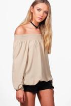 Boohoo Millie Woven Off The Shoulder Top Stone