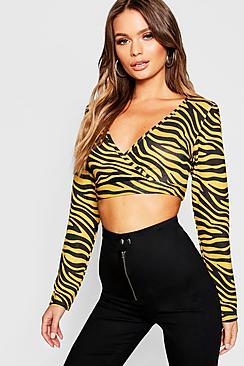 Boohoo Tiger Print Knitted Wrap Top