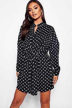 Boohoo Petite Polka Dot Tie Waist Shirt Dress