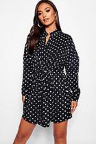 Boohoo Petite Polka Dot Tie Waist Shirt Dress