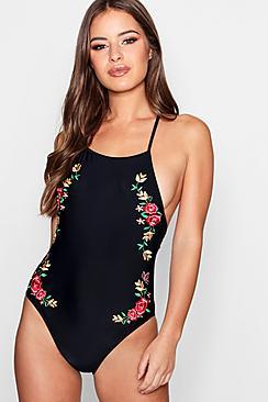Boohoo Petite Kristen Embroidery Low Back Swimsuit