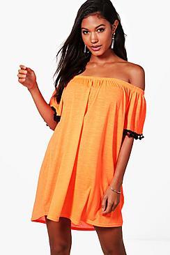 Boohoo Serena Pom Pom Bardot Beach Dress