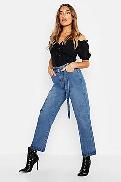 Boohoo High Waist Belted Rigid Mom Jeans