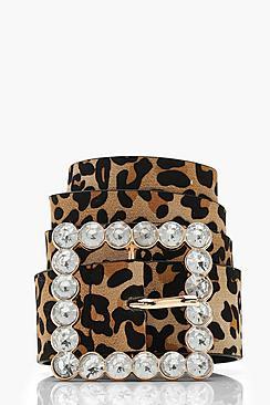 Boohoo Diamante Square Buckle Leopard Belt