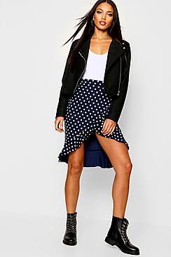 Boohoo Wrap Ruffle Polka Dot Midi Skirt