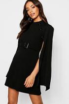 Boohoo Funnel Neck Button Belted Cape Sleeve Dress